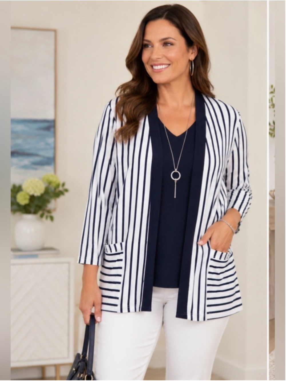 Sympli NAVY and White Striped Open Cardigan Size 12 Travel Lightweight Stretch